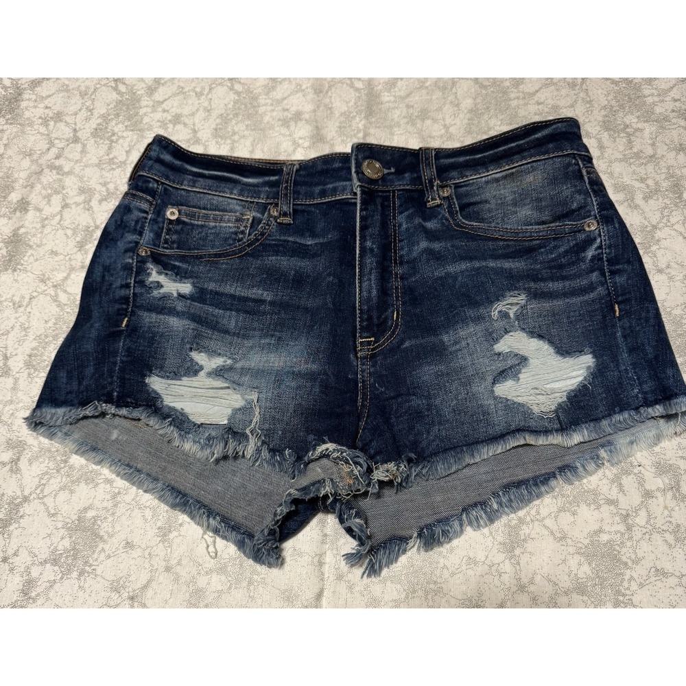High Waist Distressed Denim Shorts - Dark Blue